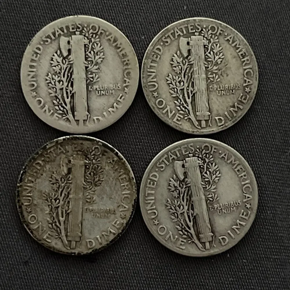 4 US Coin 1937,1936,1939,1940 Mercury .10Ten Cent Dime 90% Silver Circulated